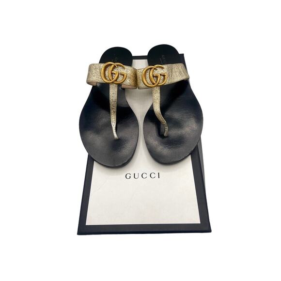 Gucci Shoes - Gucci GG Marmont Thong Flat Sandal Metallic Gold Leather Size 37 US 7